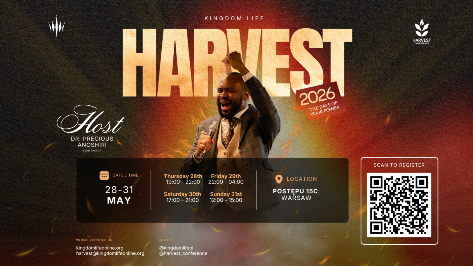Harvest Conference 2026 poster, hosted by Dr. Precious Anoshiri